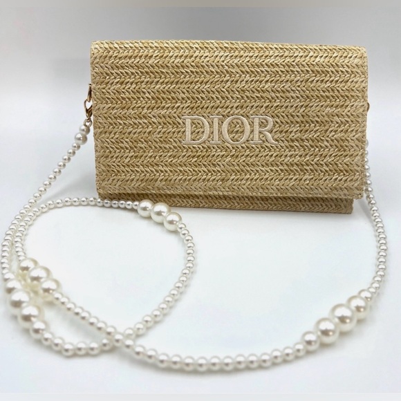 Dior Handbags - GWP Dior Raffia Woven Clutch with Pearl Crossbody Strap New
